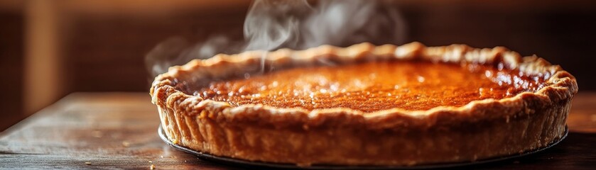 Freshly baked pumpkin pie steaming on a wooden table, with a golden crust and warm orange filling, evoking feelings of autumn and home.
