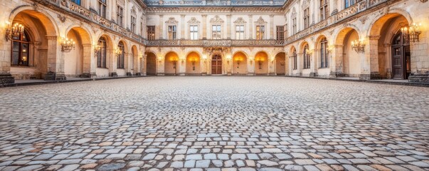 Stunning view of historical courtyard with cobblestone floor and elegant architecture, perfect for showcasing heritage and culture.