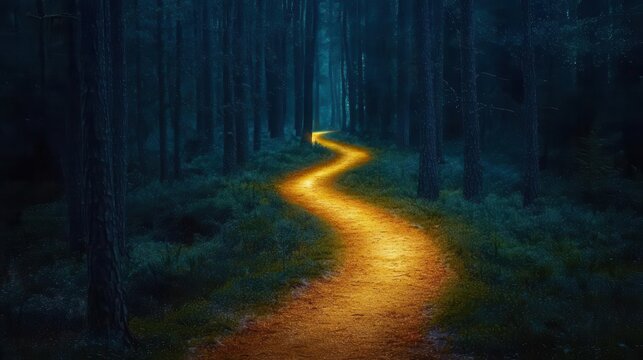 A tranquil forest path illuminated by a golden glow, inviting exploration and tranquility in a serene woodland setting.