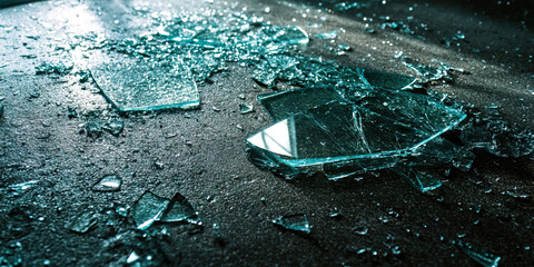 Shattered Glass of Reality: Broken glass scattered on a concrete floor, reflecting shards of light.