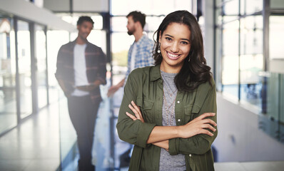 Office, smile and portrait of woman with arms crossed for creative company, job and confidence....