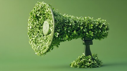 A 3D portrays an eco friendly megaphone covered with lush green clover and grasses against a vibrant green background symbolizing sustainable marketing and communication