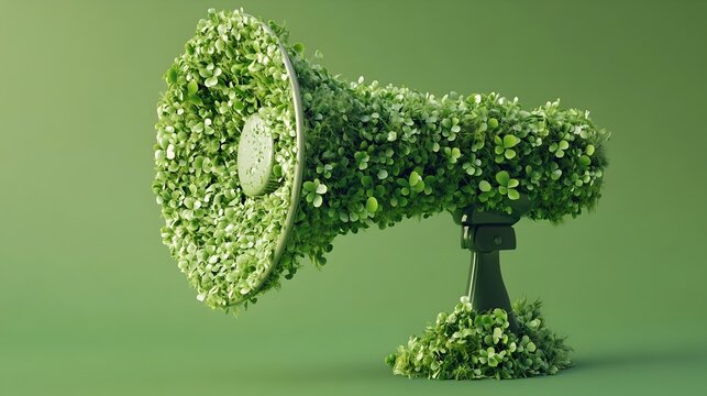 A 3D portrays an eco friendly megaphone covered with lush green clover and grasses against a vibrant green background symbolizing sustainable marketing and communication