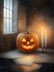Lone Jack o  Lantern Casting Sinister Shadows in Candlelit Gothic Room