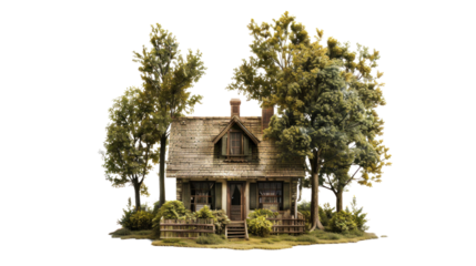 A traditional wooden birdhouse nestled in the branches of a tree, surrounded by nature and clear blue skies