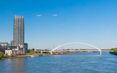 A view of the Eurovea Tower and the Apollo bridge across the Danube river in Bratislava, Slovakia