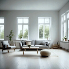 Modern minimalist Scandinavian-style living room with large windows filled with soft, natural light. Minimalist furniture, plants and neutral tones create a simple, calm and cozy atmosphere.