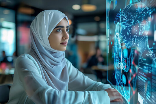 Using artificial intelligence in education, arabian student in hijab communicating with artificial intelligence hologram, information technology and innovation. - Powered by Adobe