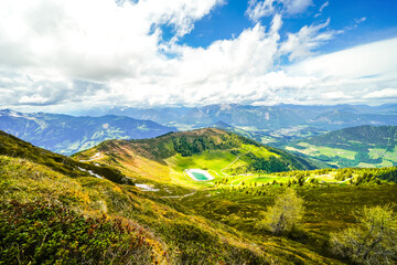 Naklejka premium Landscape at the Wiedersberger Horn in the Alpbachtal. View of nature and the mountains and the Zillertal Alps near Alpbach in Austria. 
