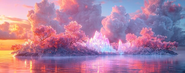 Enchanted Crystal Isles: Vibrant Floating Islands of Glowing Translucent Crystals Revealing Imaginative Landscapes.