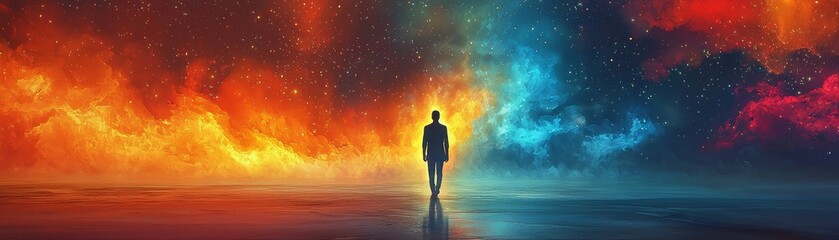 Journey to Imagination - Abstract Figure Walking Through Glowing Doorway to Colorful World.