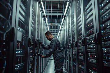 A man repairs a server in a data center, a room with a long row of Internet equipment.