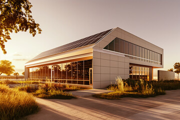 Obraz premium Office or factory with solar panels on the roof, concept sustainable business and green energy.