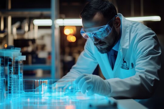 Scientist Examining Holographic Model of a City in a Laboratory