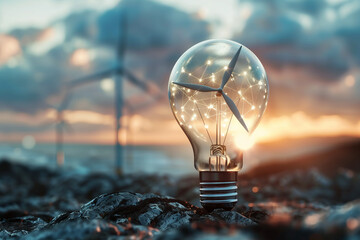Alternative green energy concept, windmill inside light bulb against wind turbine background.