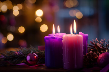 Four lit purple advent candles surrounded by soft, glowing bokeh lights, Christmas catholic tradition.