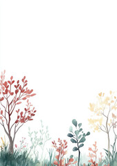 A watercolor illustration of spring trees and plants on the bottom with a white background, in the children's book style.