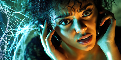 Tangled Web of Deceit: A woman caught in a web of lies, gesturing nervously as she talks on the phone.