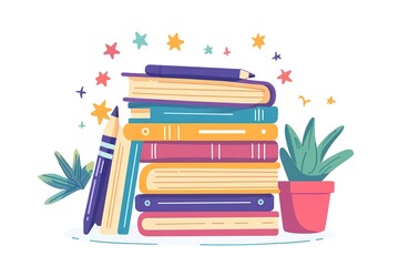 Stack of books, pen, pencil and apple on blue background. Vector flat horizontal illustration. reading and learning power logo. Imagination and inspiration. back to school. Knowledge day