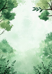 Watercolor, simple, cartoon style, forest summer green trees and grass at the bottom of the page, white background for an instagram story, card, wallpaper, template copy space.