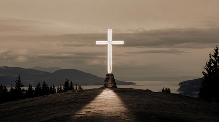 A wooden cross in field with sunset in background