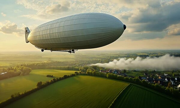Airship Soaring Over Lush Green Fields