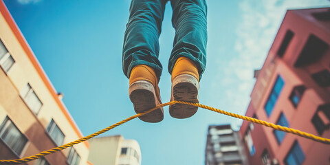 Academic Tightrope: A student precariously balancing school, work, and personal life, trying not to fall into the abyss of failure.