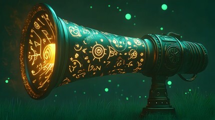 A captivating 3D depicts an enchanted megaphone covered in a mesmerizing display of glowing mystical runes and symbols against a vibrant green backdrop
