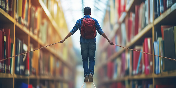 Academic Tightrope: A student precariously balancing school, work, and personal life, trying not to fall into the abyss of failure.