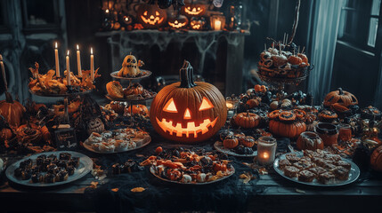 Halloween party Food and Treats such as  Candy Corn ,Chocolate, Caramel Apples, Spooky Snacks ,Pumpkin Spice, Halloween Cookies, Candy Bowl, Hot Cider and Halloween Cupcakes.