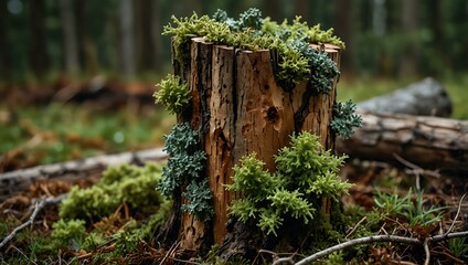 Eco-friendly ad featuring wood moss and lichen on a pine stump.