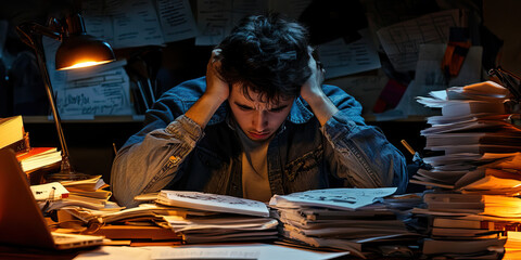 Struggling Scholar: A student hunched over a desk, fighting against a pile of unfinished assignments and a feeling of inadequacy.