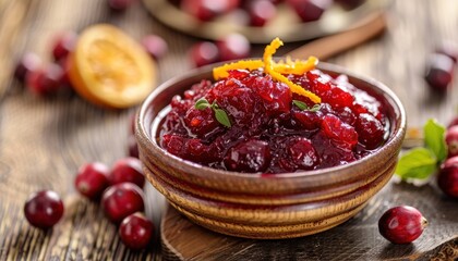 Fresh homemade cranberry sauce with orange zest in a rustic bowl, surrounded by cranberries on a wooden table, perfect for festive meals.