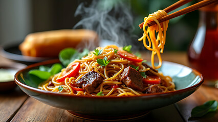 Chow Mein noodles served in a bowl with vegetables, angle view composition, professional food photography, restaurant style presentation.