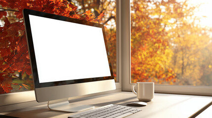 Computer Mockup screen and a cup on a table , the template features a computer blank white screen on day light in autumn . 