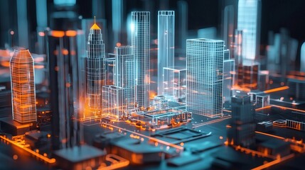 Futuristic cityscape with holographic buildings and neon lights, showcasing advanced architectural planning.