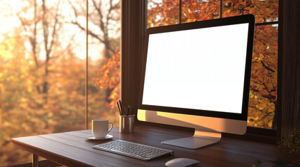 Computer Mockup screen and a cup on a table , the template features a computer blank white screen on day light in autumn . 