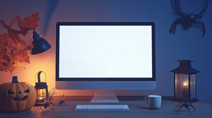 Computer Mockup screen and a cup on a table , the template features a computer blank white screen on Halloween day. 