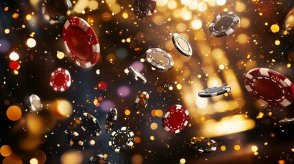 Luxurious casino night with poker cards and chips flying amidst golden lights, evoking excitement and opulence.