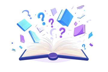 Open blue book with colorful question marks flying out. Isolated on white background. Flat vector reading icon. Unknown book pictogram. Ask symbol. Curiosity logo.