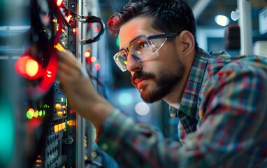 A technician in glasses working intently on a server panel, focused on managing complex electronic systems and connections.