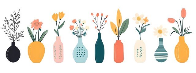 A set of cute flower illustrations in vase clip art, each featuring colorful spring blooms and vases with simple shapes and flat colors. 