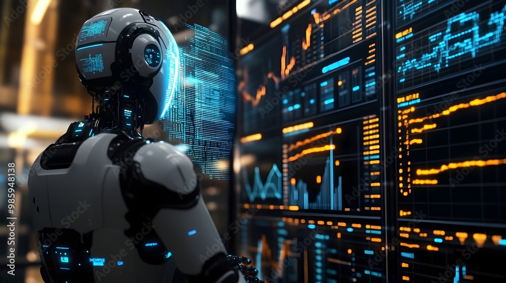 Poster a complex holographic projection depicting a robotic trader visualizing ai driven financial models a