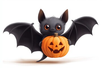 Naklejka premium llustration of a cute cartoon bat flying carrying a cute halloween pumpkin, white background