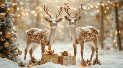 New year celebration holiday concept. Present gift boxes on the snow under Christmas tree. Christmas reindeer in winter forest