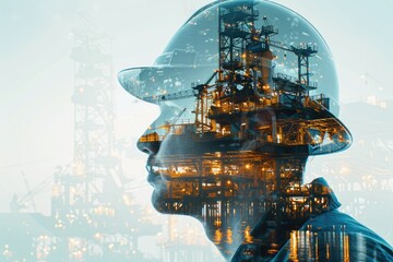 Engineer operates platform with tablet on offshore oil rig.