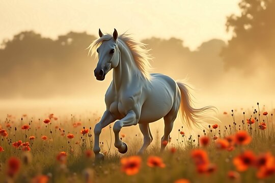 White horse running in poppy field