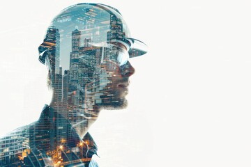 Double exposure of engineer with helmet against a city isolated on white background