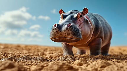 Fototapeta premium A close-up view of a hippo in a dry landscape, showcasing its unique features and expression under a bright sky.