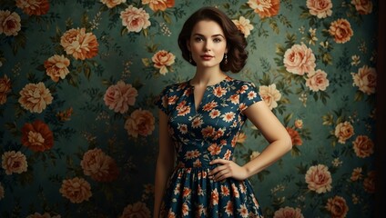 Elegant woman in a vintage dress, floral backdrop.